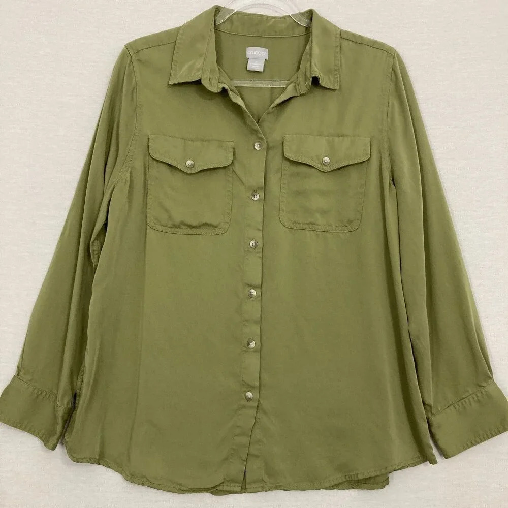 Chico's Green Ultra Soft Comfy Office Career Long Sleeve Button Down size 12/14